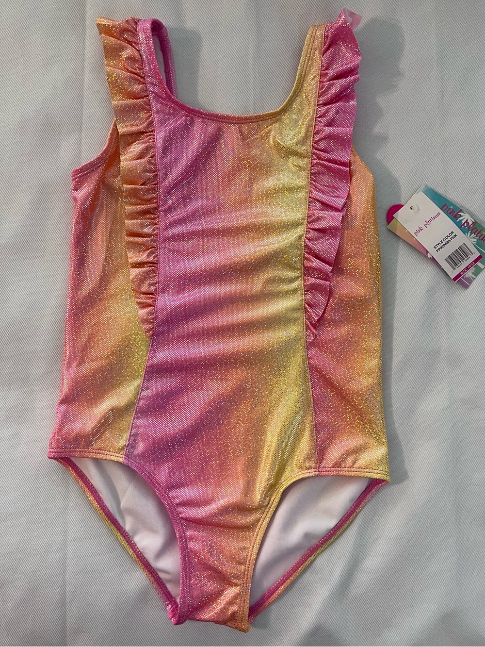 Girls Shimmering Pink & Yellow Ruffle One-Piece Swimsuit  size 10-12